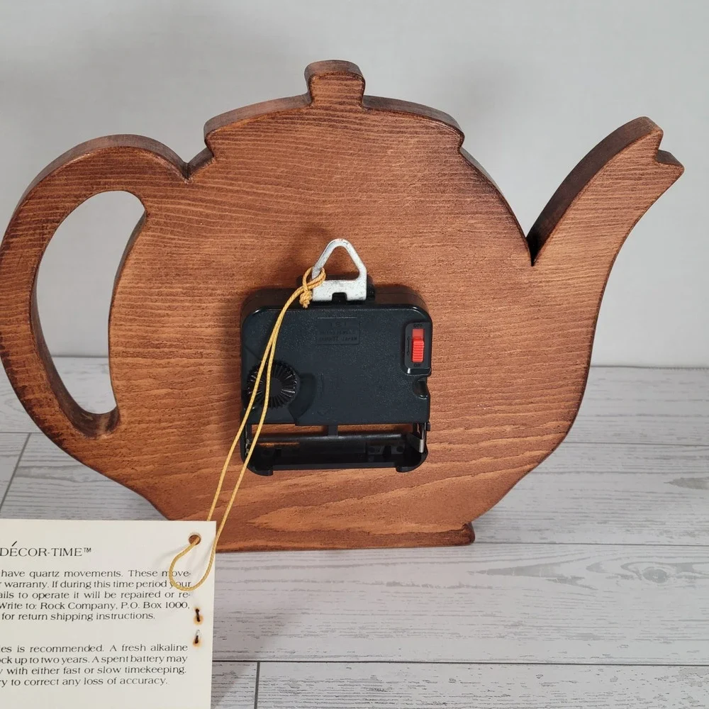 Teapot Wall Clock Wood Handcrafted NEW Decor-Time Vintage Brown Kitchen Battery